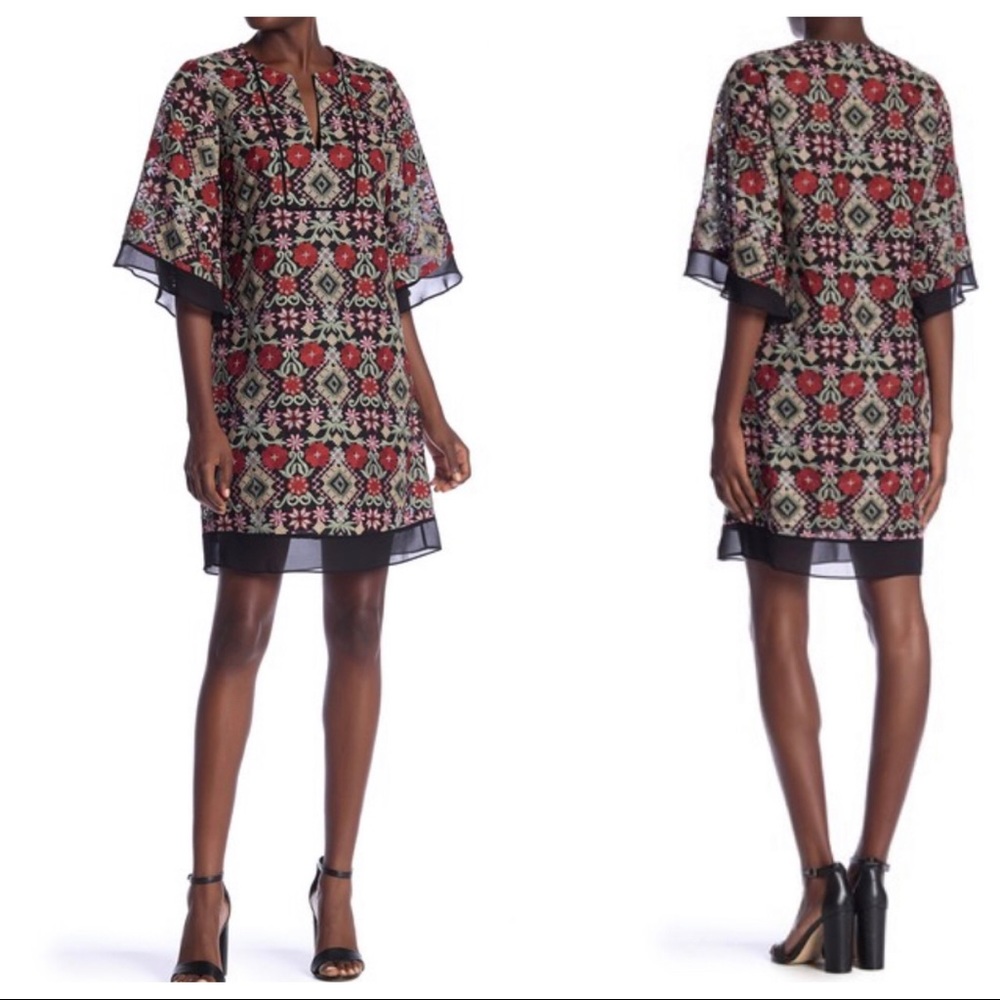 BCBGMAXAZRIA Floral Embroidered Split Neck Dress - Picture 2 of 8